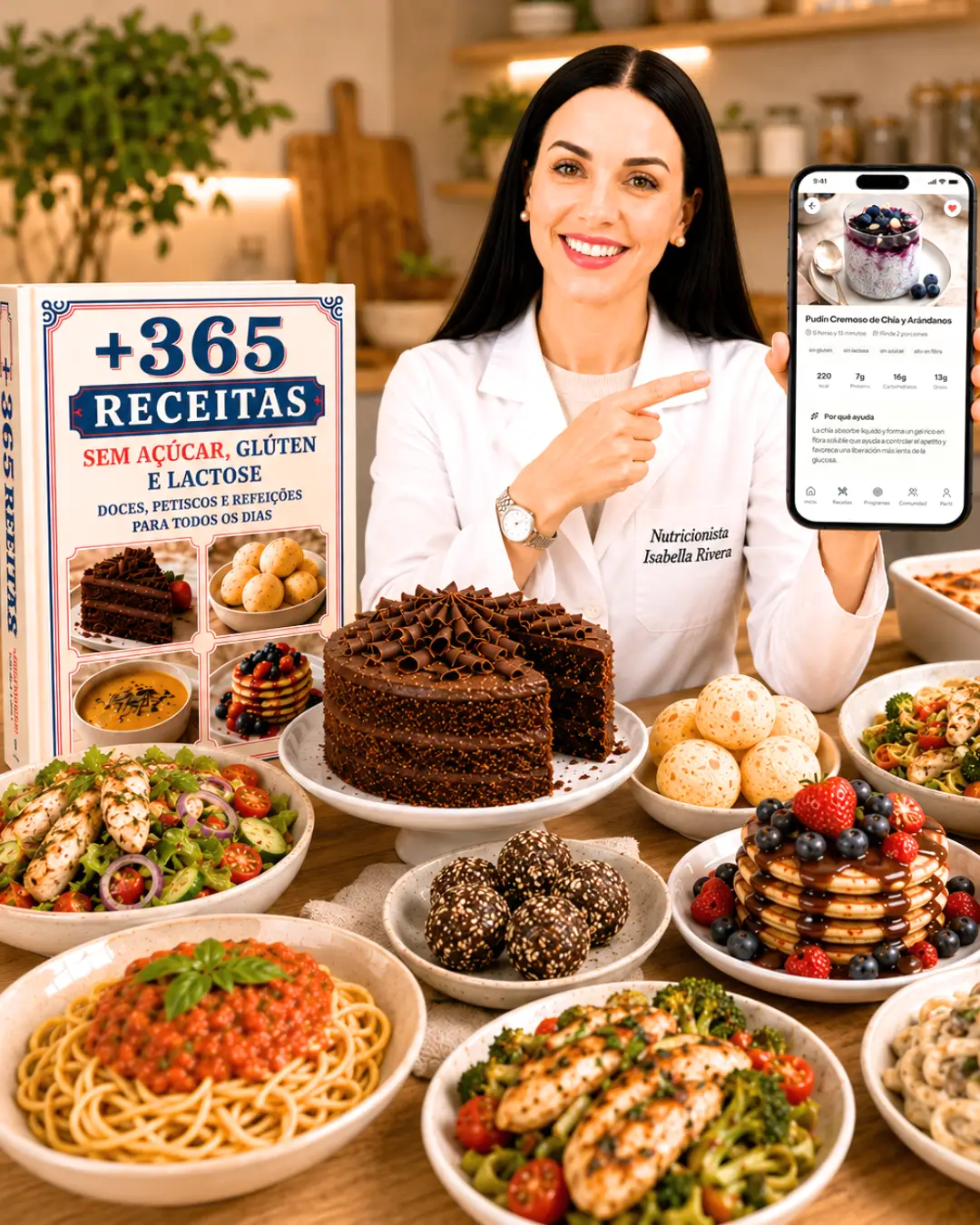Lic. Isabella Rivera mostrando la app QueRico junto a recetas saludables