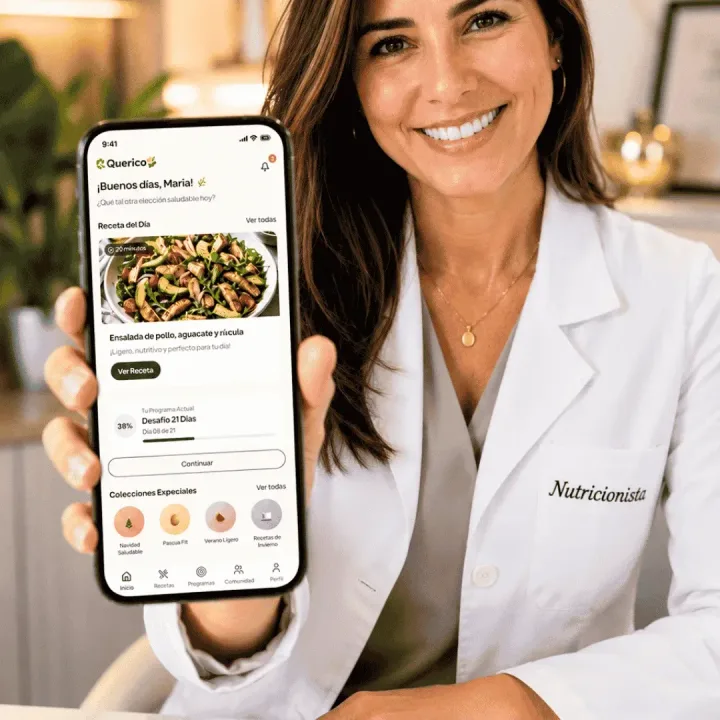 Nutricionista mostrando la app QueRico en su teléfono