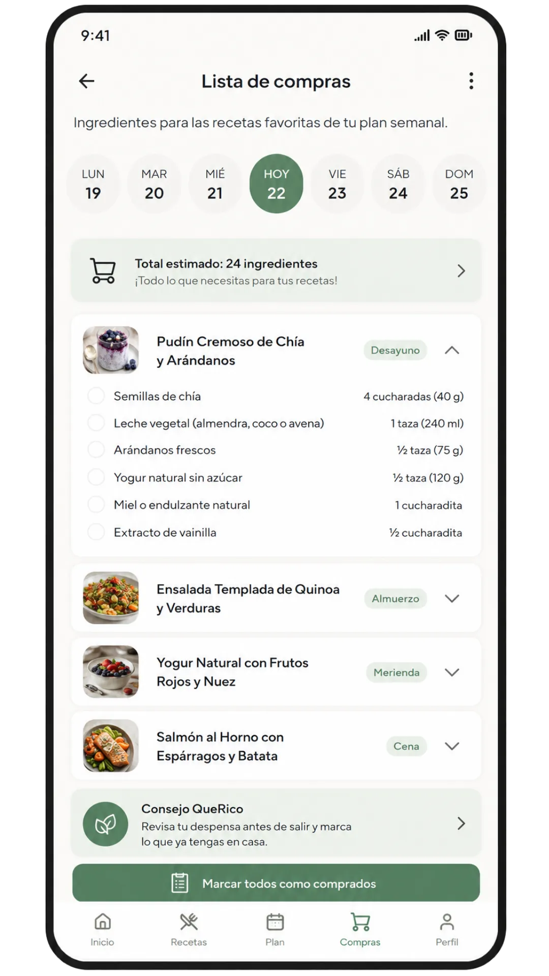 Pantalla de la app: lista de compras automática