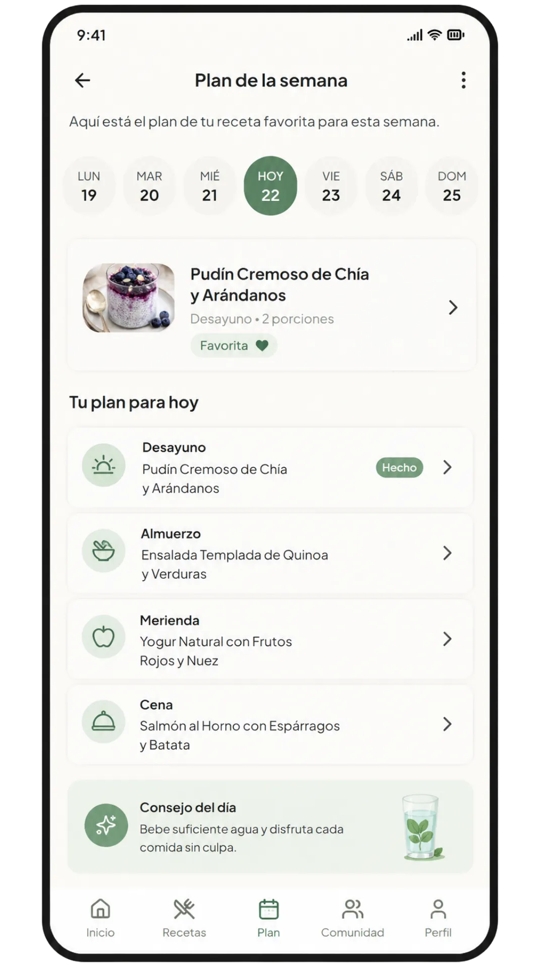 Pantalla de la app: planifica tu semana